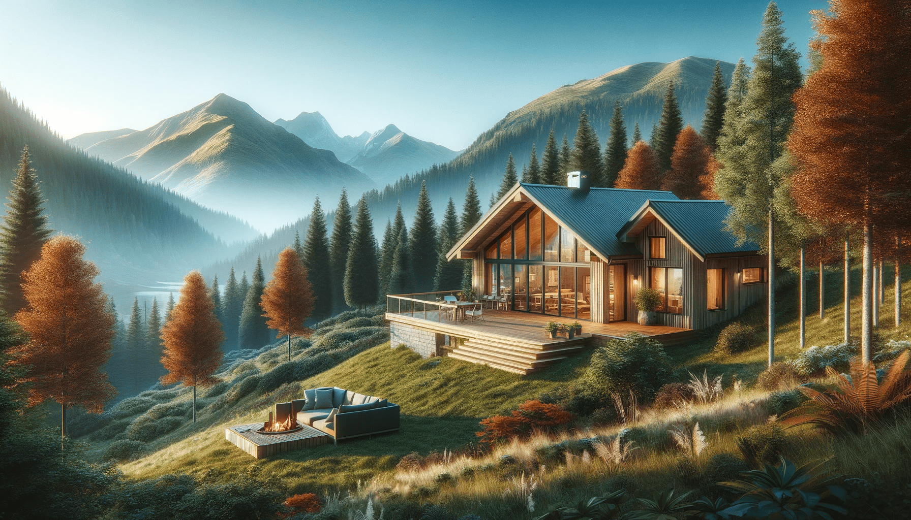 cozy mountain retreat with a modern cabin surrounded by lush forests. The cabin should feature large windows offering a stunning view of the mountai